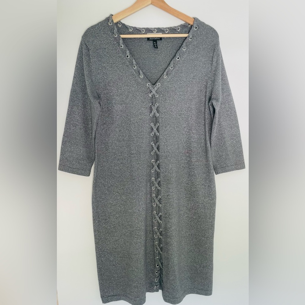 Allison Brittney metallic silver sweater dress. V neck